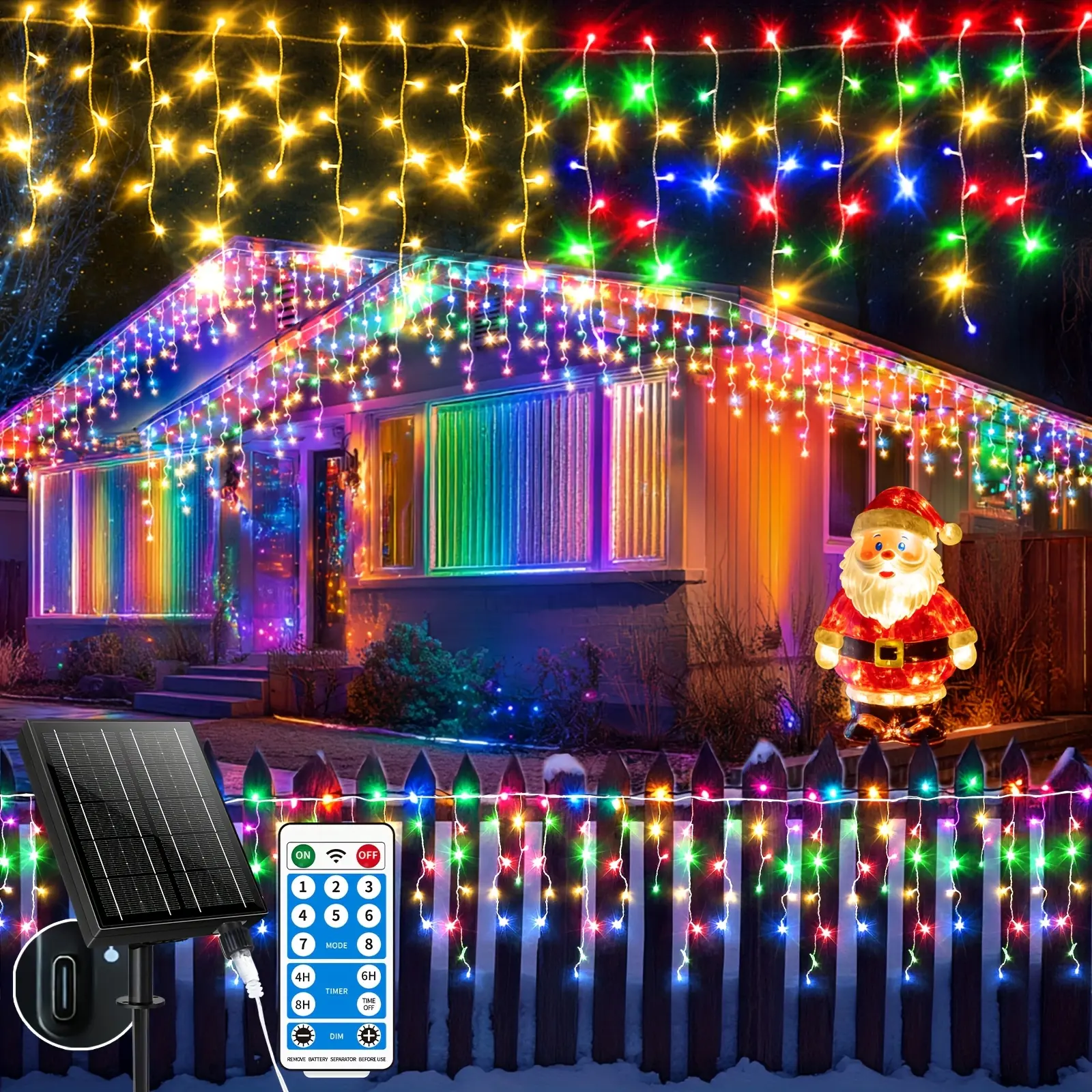 Engineering Solar Icicle Lights Outdoor 59.5ft (18+5m) 506LED 2500MA IP65 Waterproof, Christmas Fairy String Lights with Connectable Remote Control & Timer 8 Modes, Colorful Decor for Roof Eaves Party Wedding