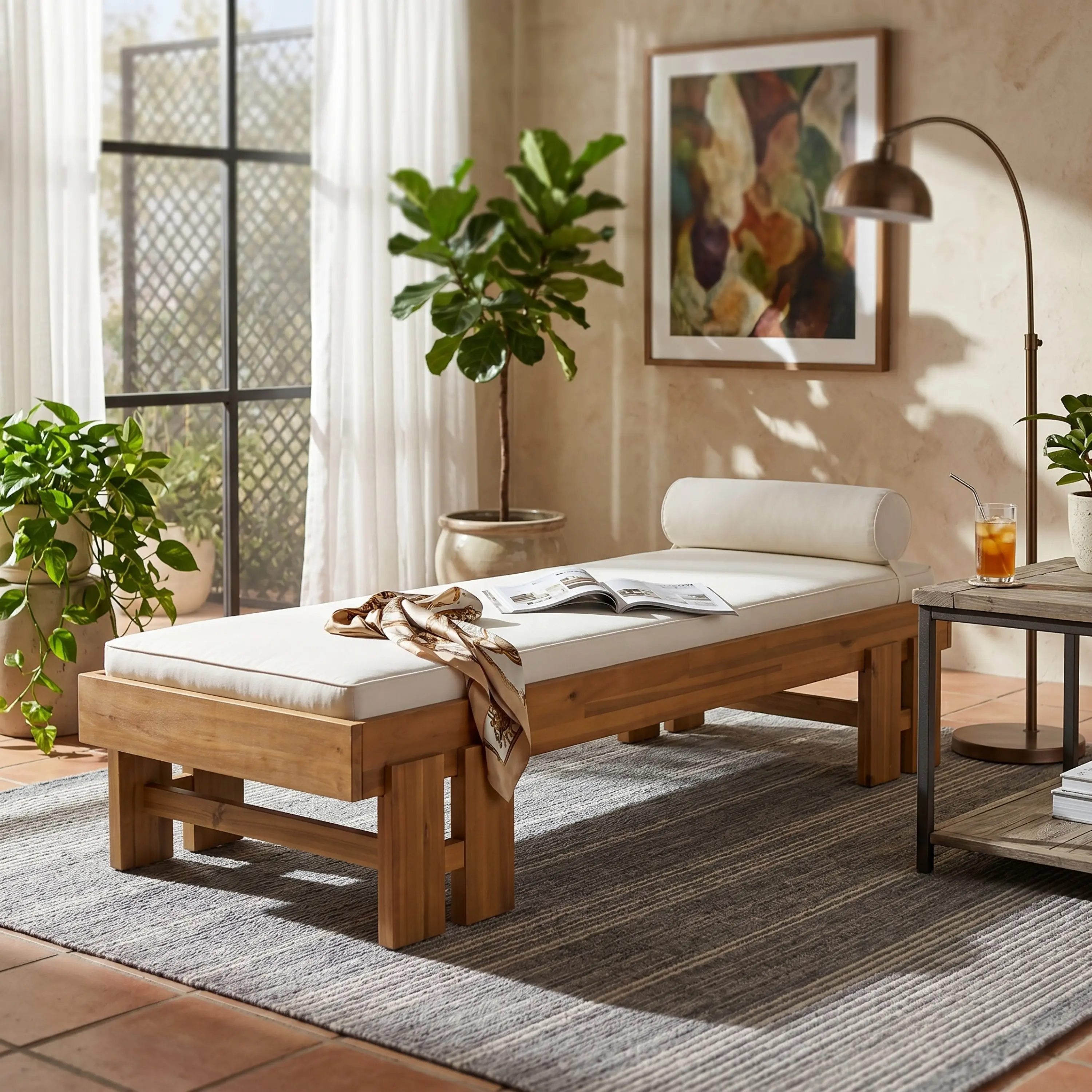 ARCH Teak Finish Acacia Wood Daybed with Cream Cushion & Pillow, 600 lbs Capacity, Indoor/Outdoor Modern Low-Profile Futon Sofa Bed for Patio Living Room, Washable Cover, Multiple Color Options, Home Furniture and Household Product Search Terms