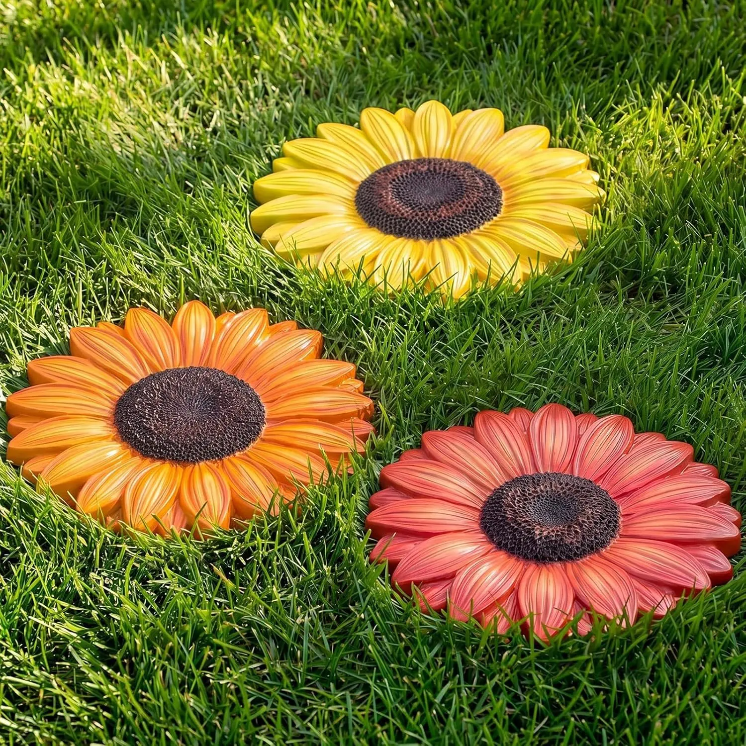 3-Pack Weatherproof Sunflower Garden Stepping Stones - 10" Diameter Resin Decorative Sculptures for Patio Pathway, Yard Landscaping
