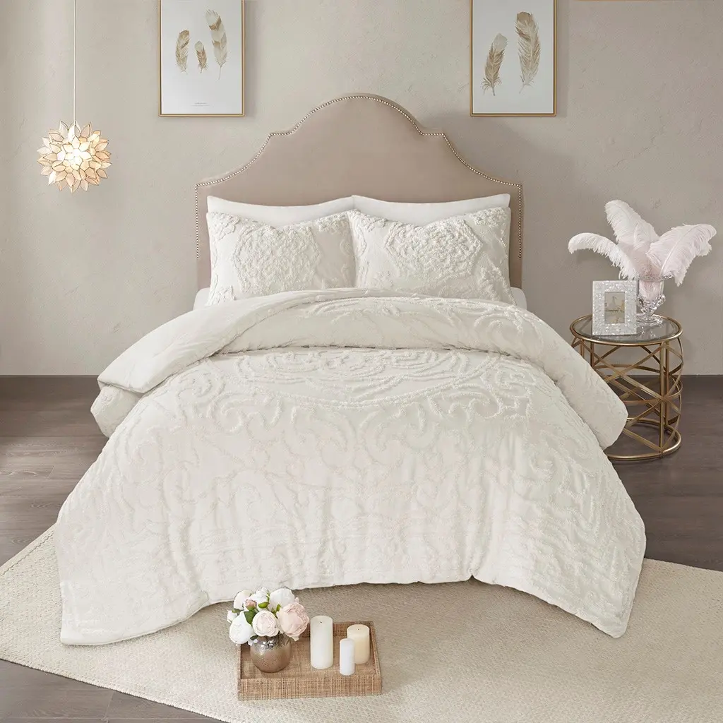 Nokaa 3-Piece Tufted Cotton Chenille Medallion Comforter Set - Light Ivory King/Cal King Bedding with Pillow Shams, Soft Textured for Master Room, Bedroom Decor, Home Supplies, Three Pieces