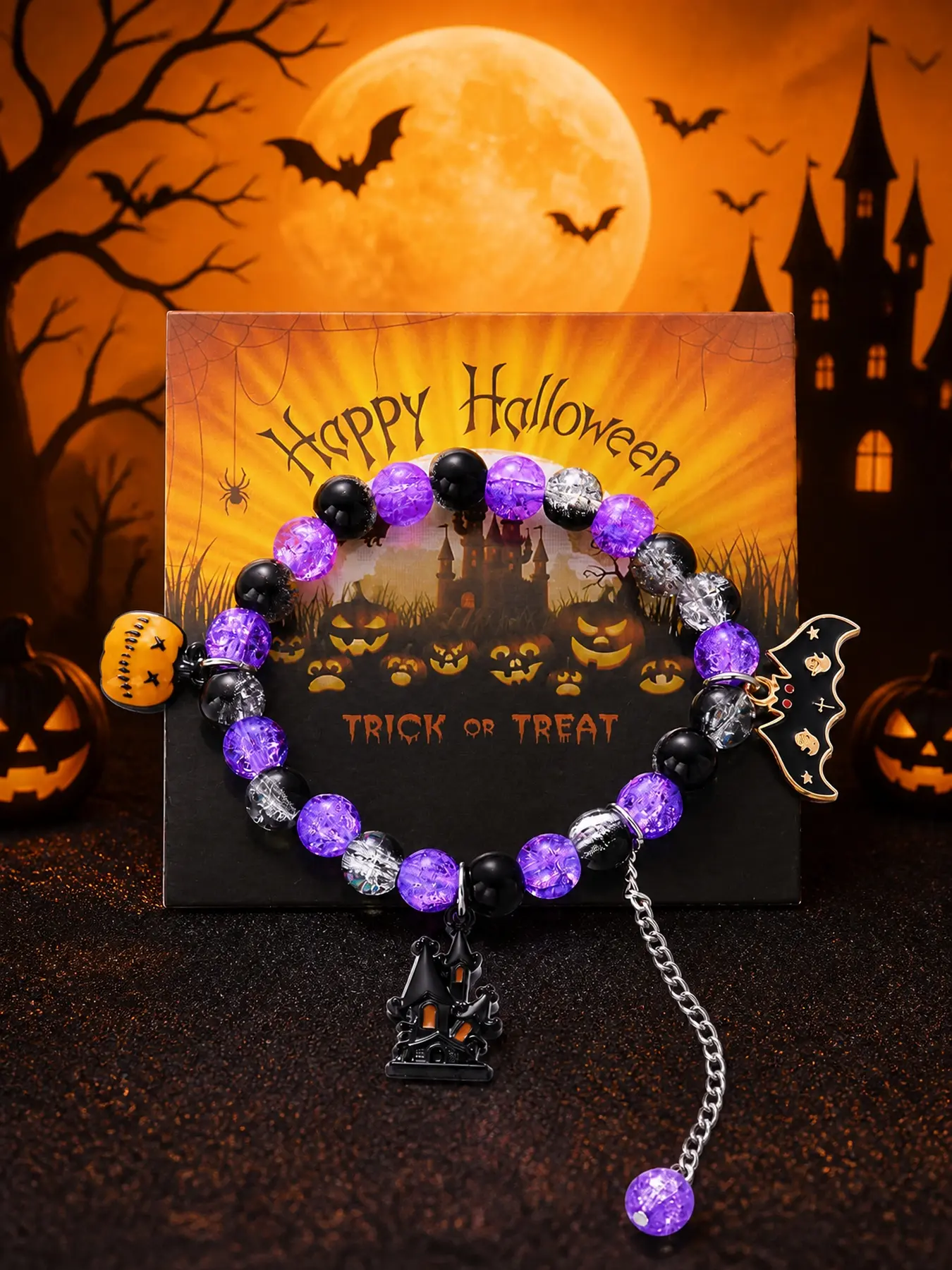 Halloween Beaded Bracelet for Women, Purple Black Spooky Charm Bracelet with Bat & Pumpkin Details, Gothic Fall Jewelry Gift for Halloween Party
