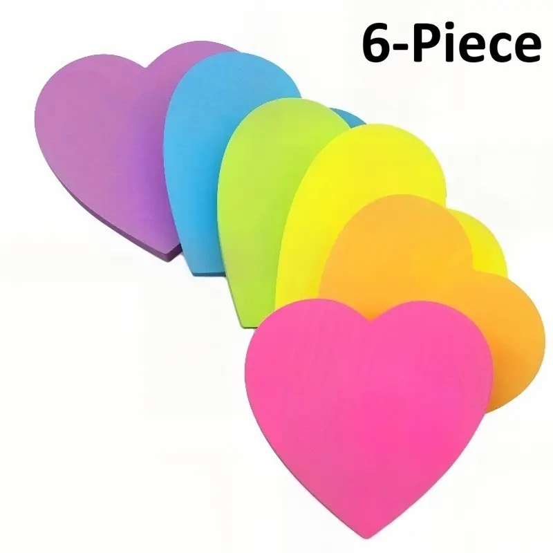 6-Pack Heart-Shaped Self-Adhesive Sticky Notes, Vibrant Creative Adhesive Post-It Notes, Large Office Notebooks, 180 Pages Total