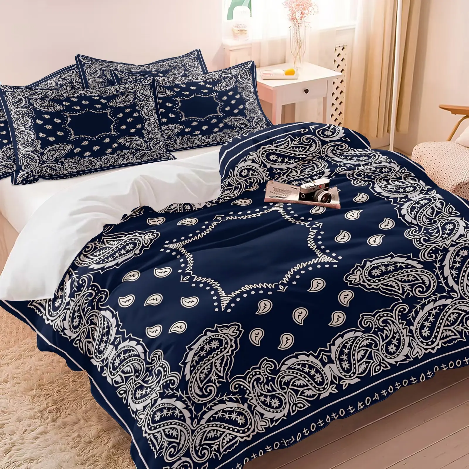 Classic Paisley Bandana Border Duvet Cover Se & 1-2 Coreless Pillowcases, Skin-friendly Breathable Wrinkle-resistant Quilt Cover, Hip Hop Street Millennium Y2K Vintage Grunge Neutral Style Bedroom Decor & Gift