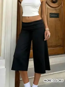 Loose-Fit Seven-Eighths Pants  Low-Waist Folded Hem Wide Leg Knitted Fabric  Casual Slimming American Retro Style  Women's Spring Summer Everyday Daily Commute Leisure Long Pants