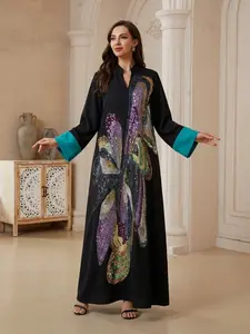 Middle Eastern Women's Traditional Sequined Dress, Kaftan Long Robe, Festival Evening Gown, Abayas, Stylish and Elegant Attire