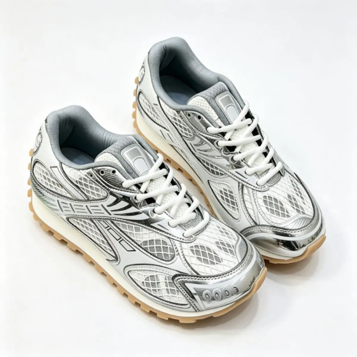 Retro Mesh Panel Athletic Sneakers Shiny Metallic Accents Light Shock Absorbing Midsole Gum Rubber Traction Outsole Breathable Lace Up Dad Trainers Casual Fashion Footwear For All Day Walking