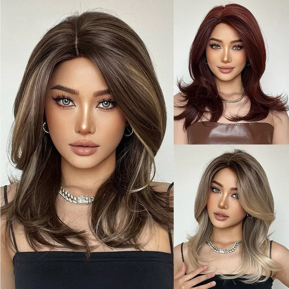 Synthetic Full Machine Wig, French-Style Medium-Length Gradient Color Wig with Slightly Parted Fully Flared Bangs and Slightly Curled Ends