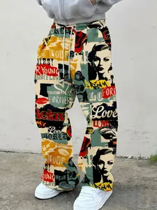 Men's Fashion Graphic Print Pants, Creative Beauty Poster Digital Print, Stylish Versatile Fitted Sweatpants, All Seasons Casual Wear, Menswear