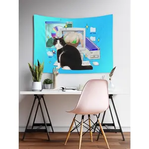 Vapor Wave Cat Meme Tapestry - Funny Anime Wall Hanging for College Dorm Room, Festival Tapestries, Retro Early 2000s Animal Wall Art