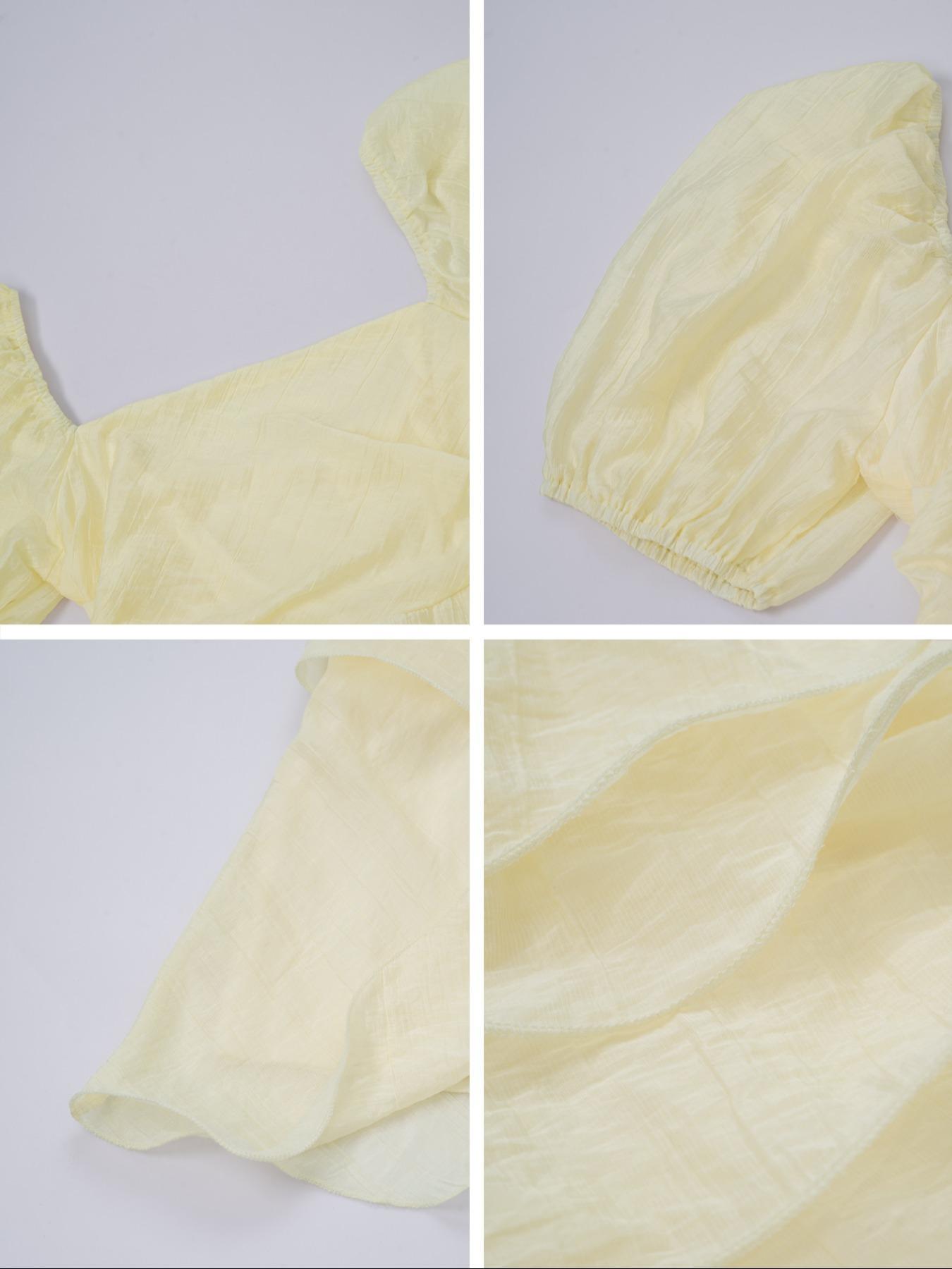 Elegant French Style Square Neck Bubble Sleeve Backless Layered Midi Dress, Casual Fitted Plain Design, Perfect for Vacation Wear