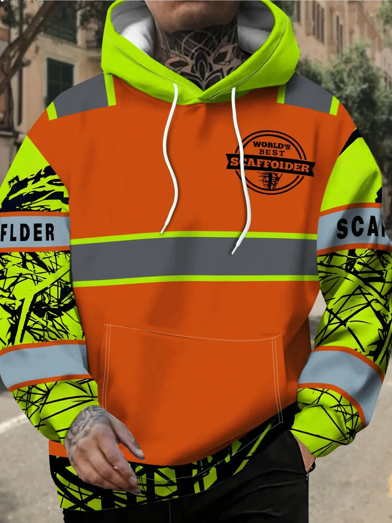 Men's Hooded Sweatshirt, Realistic High‑Visibility Scaffolder Worker Print, Construction Outdoor Work Casual Men Clothing