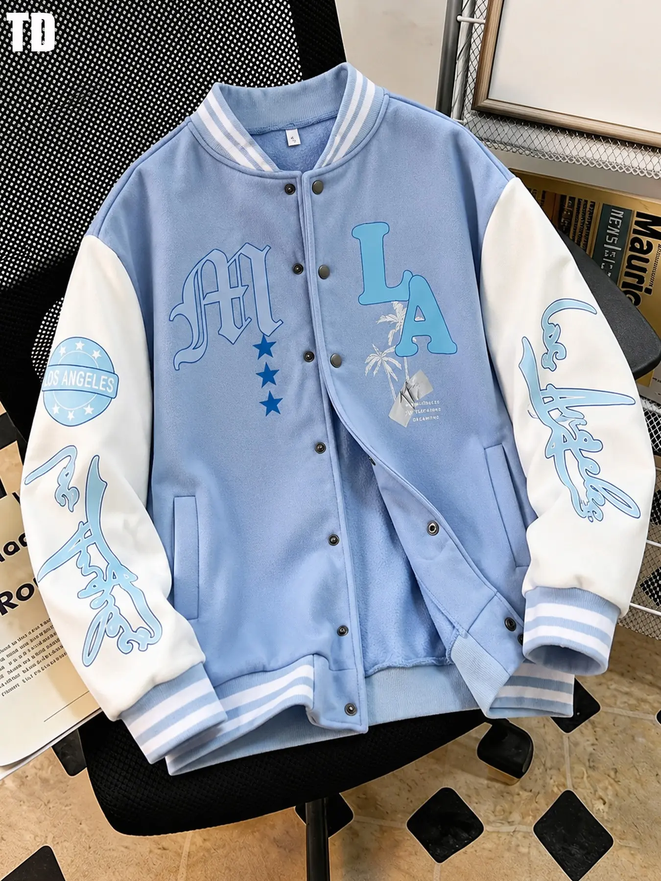 Td Men's Blue Letter Print Patchwork Zipper Flight Fashion Jacket, Casual Baseball Neck, Long Sleeve, Fall Winter Outerwear, Menswear, Regular Fit