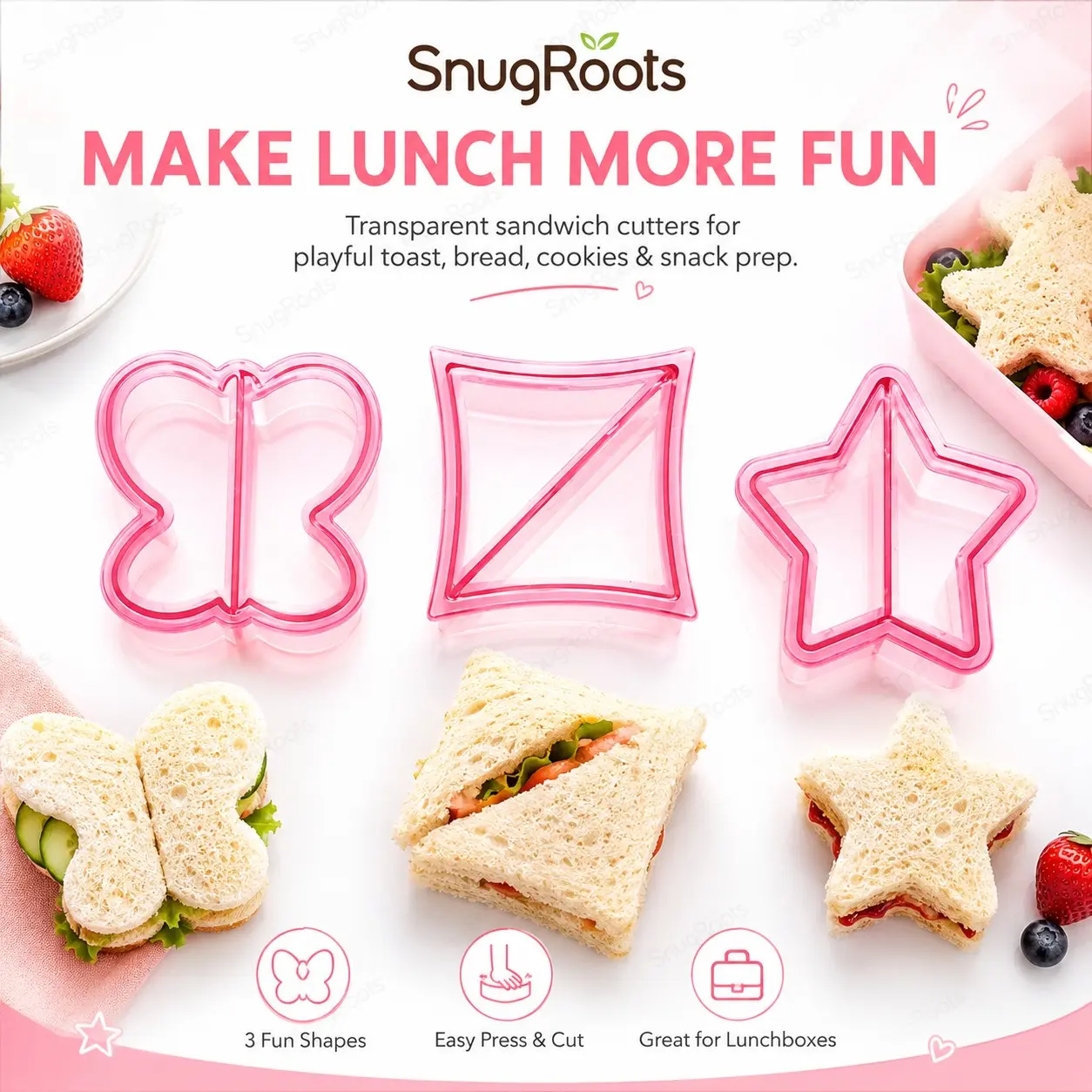 3 Pcs Sandwich Cutter and Sealer Set – Bread Crust Cutter, Toast Shaper, Cookie Cutter, Cookie Molds and Lunchbox Food Mold for Kids Breakfast, Bento, School Lunch, Baking, Picnics, Parties and Fun Homemade Snacks.