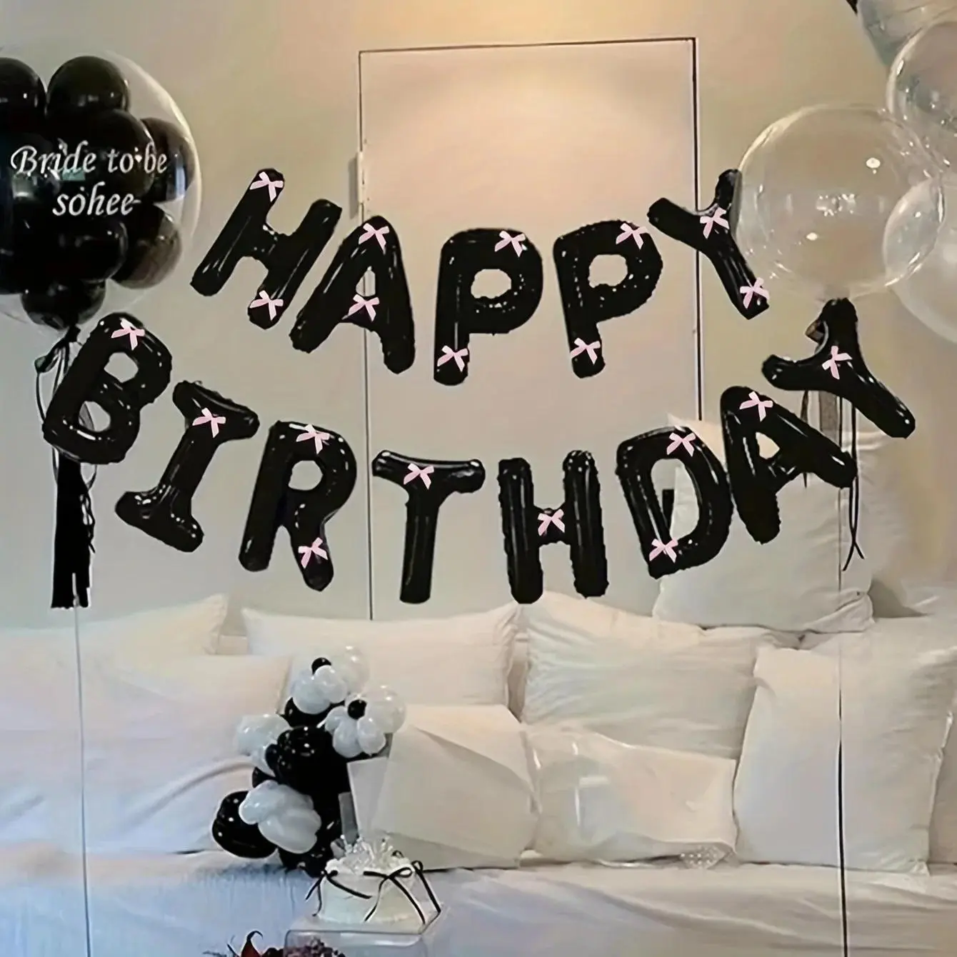 1-Set Black, White & Pink Bow Happy Birthday Balloons with Letters, Festive Balloon Decor for Birthday Parties & Baby Showers, Home Party Supplies Gift Globos