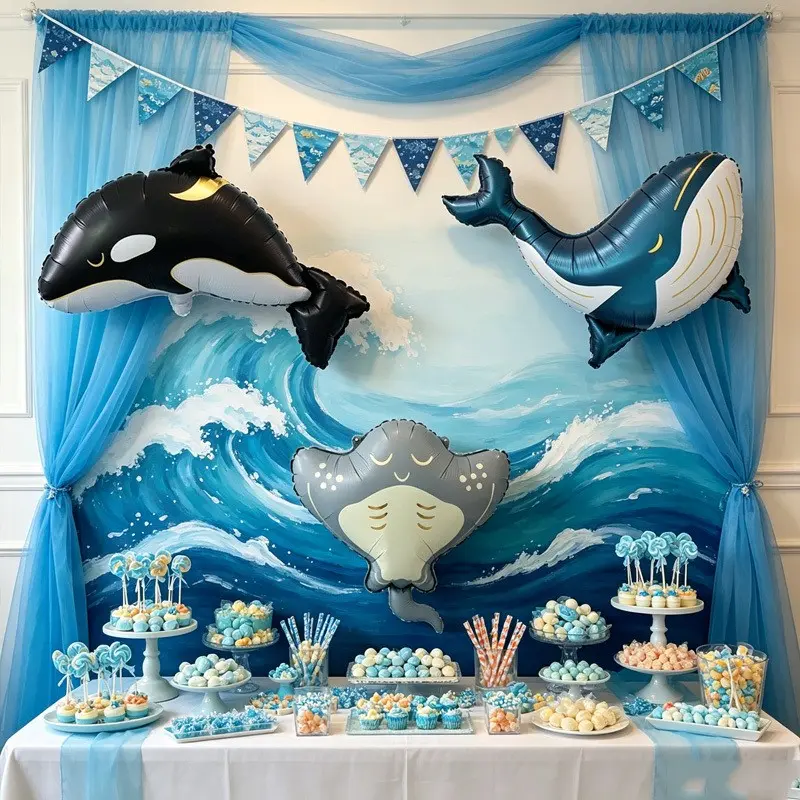 3pcs Blue Whale Shark Devil Fish Aluminum Foil Balloons, Birthday Party Decor, Outdoor Event Props, Festival Atmosphere Decoration, Room Background Wall Decor