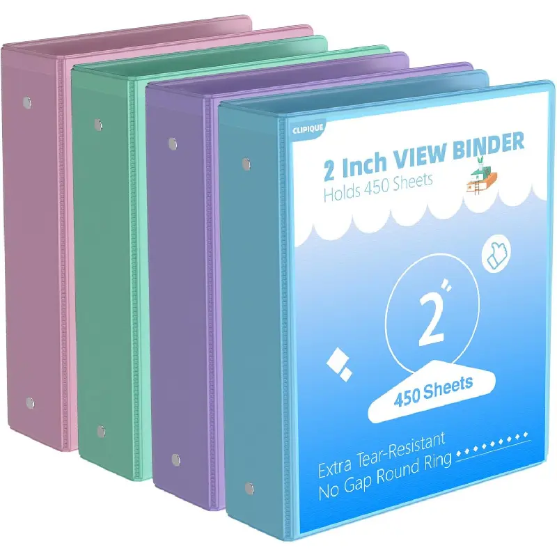 2 inch Binder 3 Ring, 4 Pack View Binder with 2 Pockets,PVC-Free,Customizable Clear View Cover for 8.5 x 11'' Letter Size Papers,Holds 450 Sheets, Round Ring