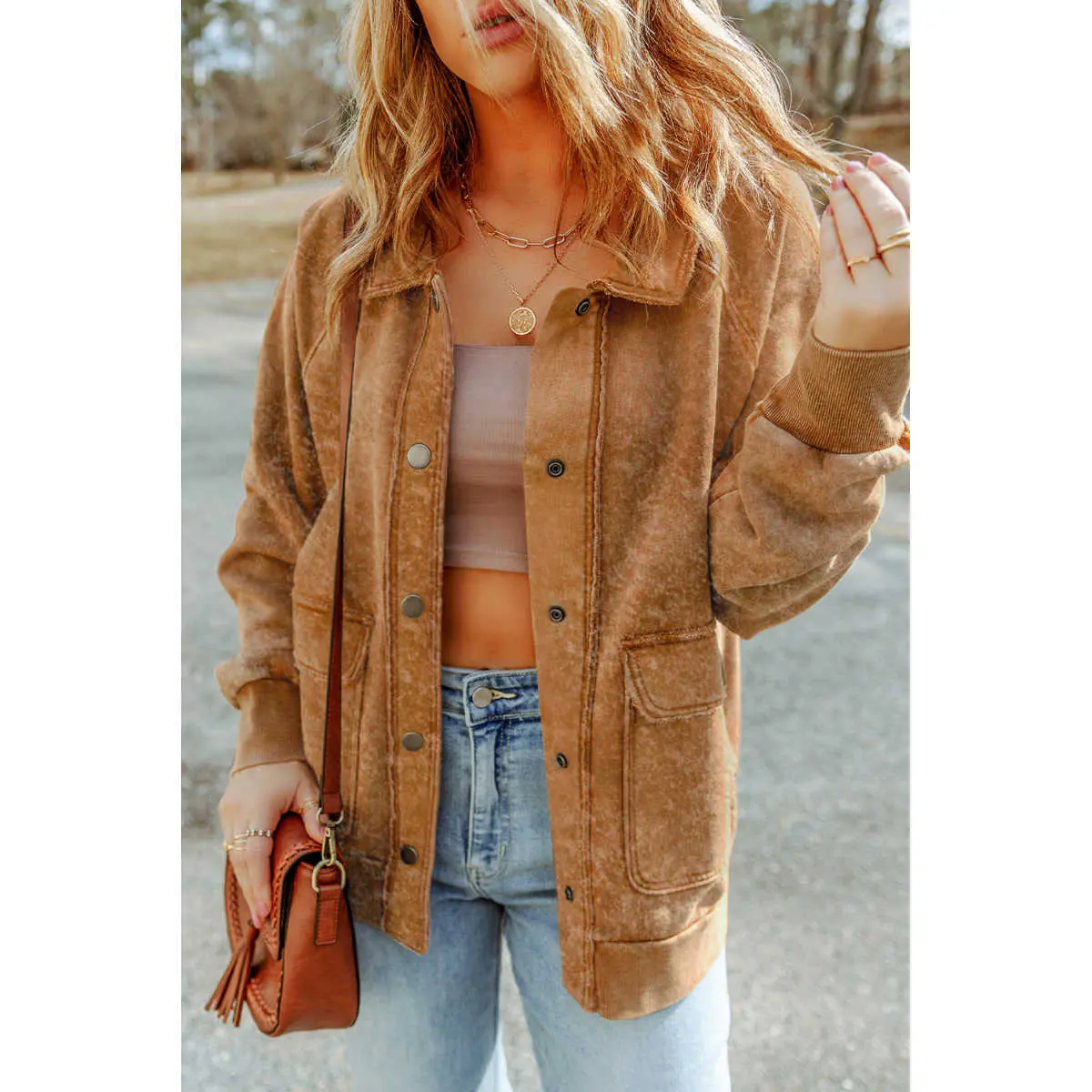 Khaki Vintage Washed Flap Pocket Button Shacket