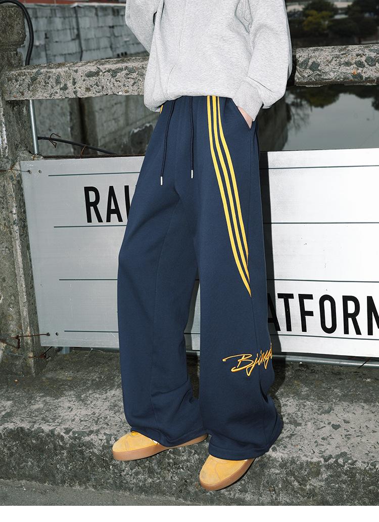 YYK Brand: Men's American Retro Casual Pants - 3-Stripe Design with 3D Waistband Trim; Spring/Autumn Straight-Leg, Loose-Fit Athletic Sweatpants