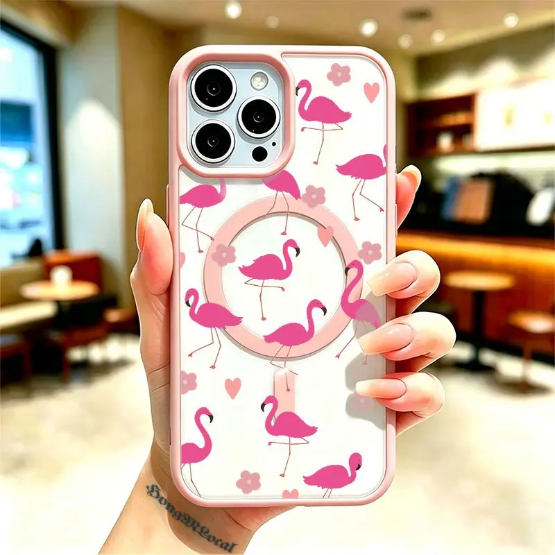 Phone Case: Printed Phone Case: Allover Pink Flamingo And Mini Heart Repeating Print T1243, Transparent Acrylic Magnetic Case, Magnetic Attachment, Suitable for iPhone 17 E Air Pro ProMax iPhone16 15 14 Plus 13 12 11 X XS XR