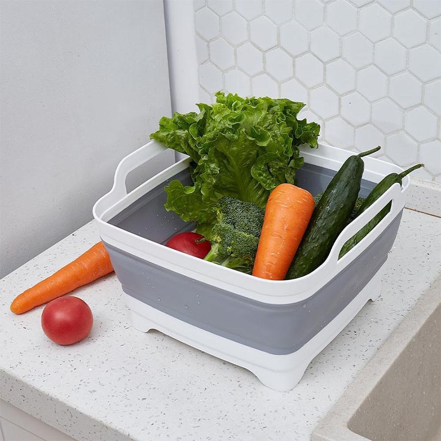 Collapsible Dish Basin with Drain Plug, 1-Count 9 L Space-Saving Multi-Purpose Collapsible Dishwashing Tub, Kitchen Storage Bucket for Indoor or Outdoor Use, Basin Container