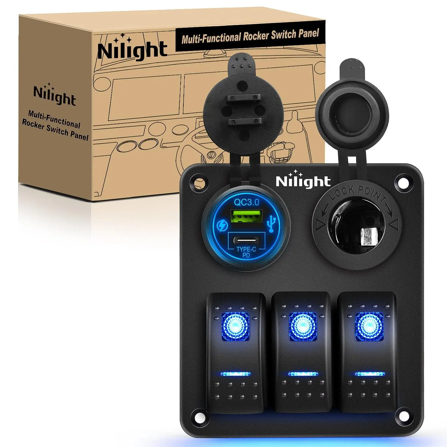 Nilight 3-Gang Pre-Wired Aluminum Panel Car Switch Panel with PD Type-C, USB Cigarette Lighter Socket, Glow in the Dark Stickers (2 Sets of DIY Stickers), ABS&PC ON-Off Switches for 12V-24V Cars, Trucks