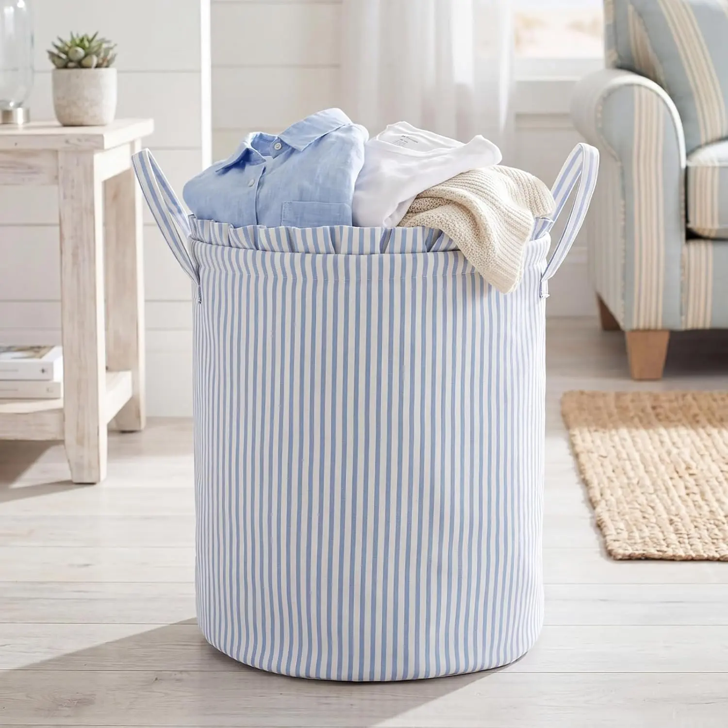 Blue Coastal Cotton/Poly Round Laundry Basket - 19.6x15.7", Striped Scallop Watercolor Design, Handle-Equipped Storage Bin for Clothes, Blankets in Bathroom, Bedroom