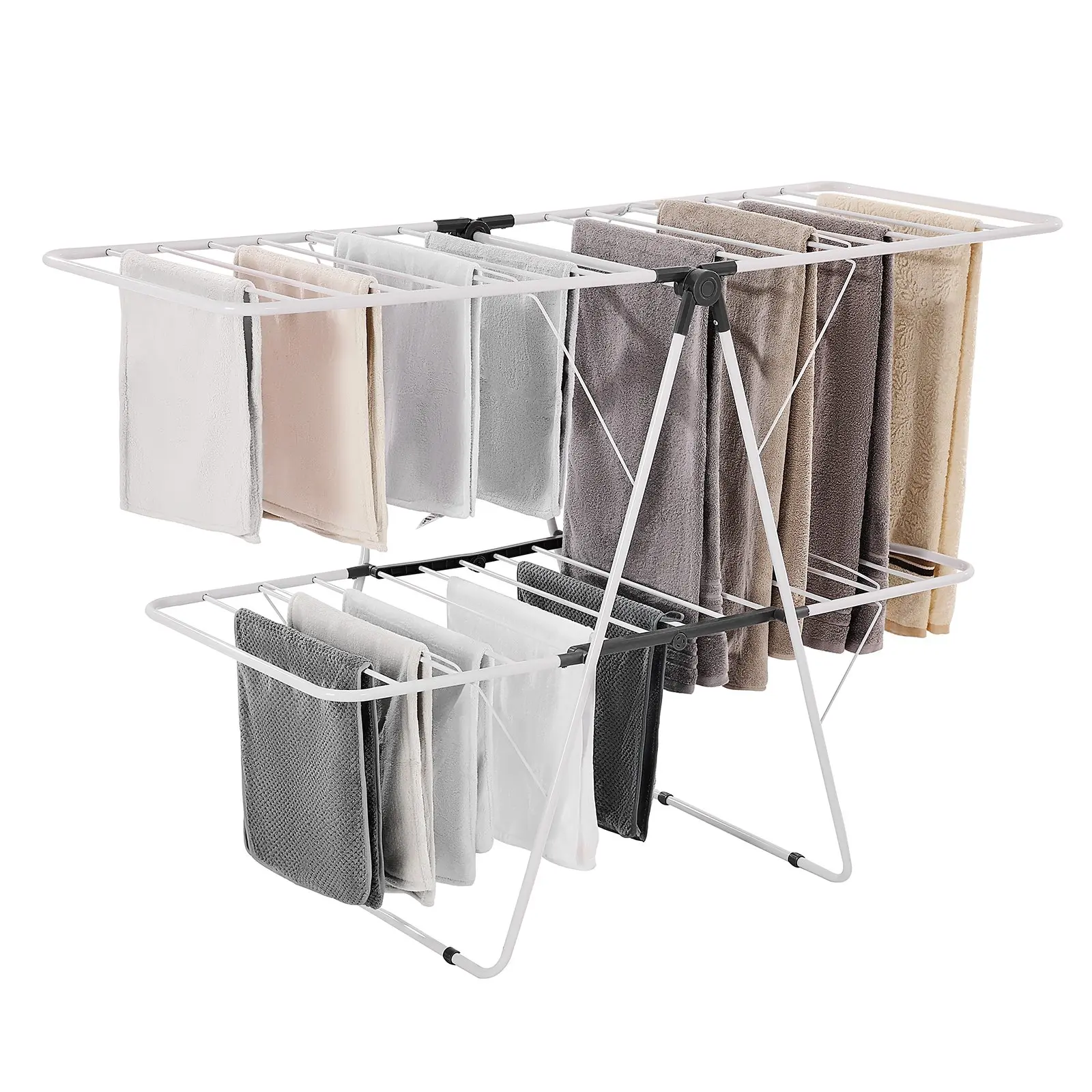 VEVOR Clothes Drying Rack - 2-Tier Foldable Metal Laundry Dryer with 31 Dry Rods, Sock Clips, Triangular Structure, Plastic Iron Accents, Height Adjustment, Protective Feet, Balcony Indoor Free-Standing Space-Saving White Hanger
