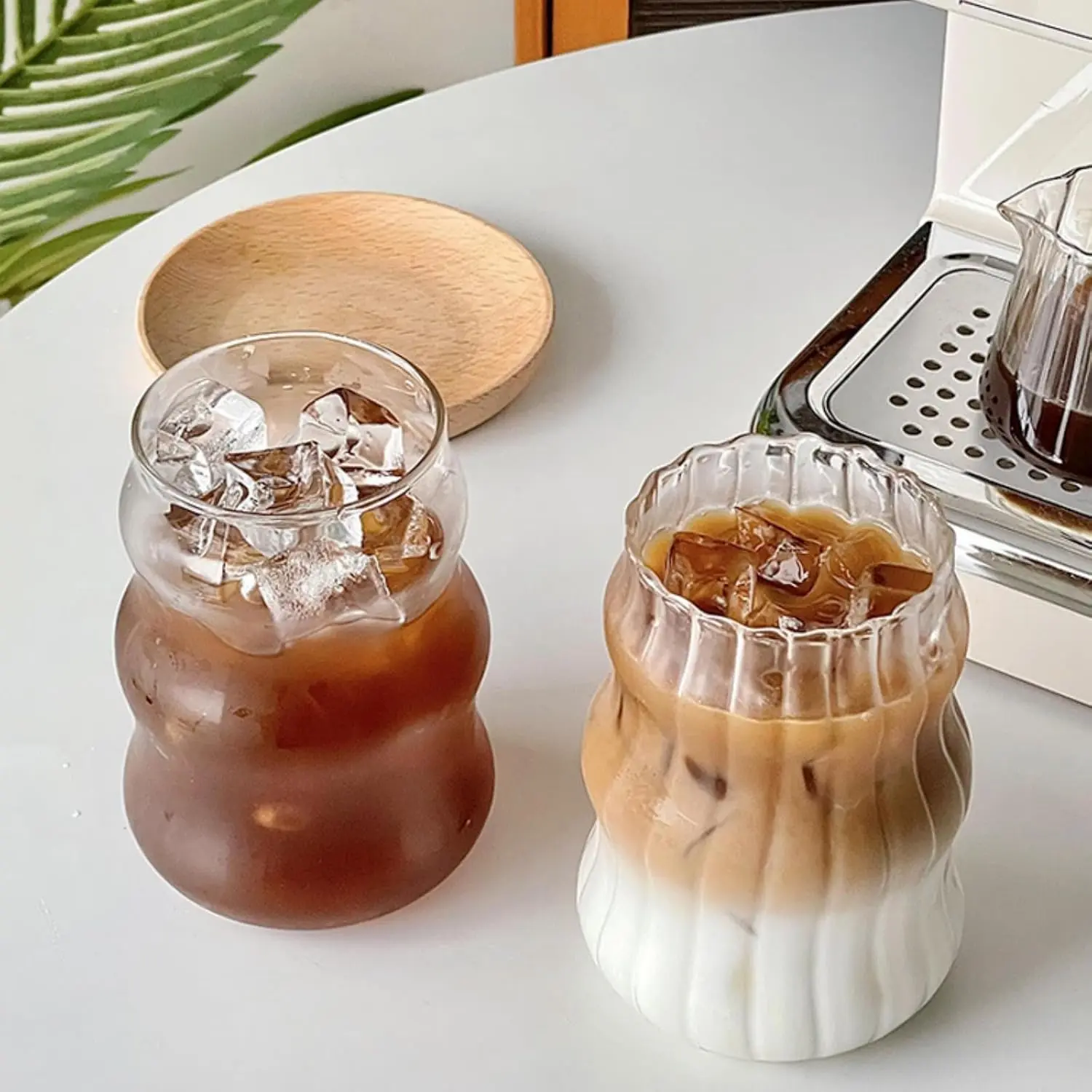 2 count Ribbed Glass Cups, 18 Oz  Drinking Glassware with Wave Design | Iced Coffee Cups Glass, Matcha Glass Bubble Cups for Iced Coffee, Juice, Beverage, Milk, , Bubble , and