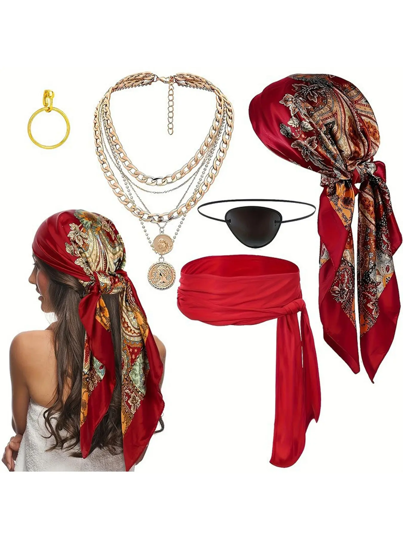 5pcs Pirate Costume Accessories Set for Men Women Renaissance Pirate Headband Bandana Belt Necklace, Halloween Cosplay Dress Up Pirate Pirate Accessories