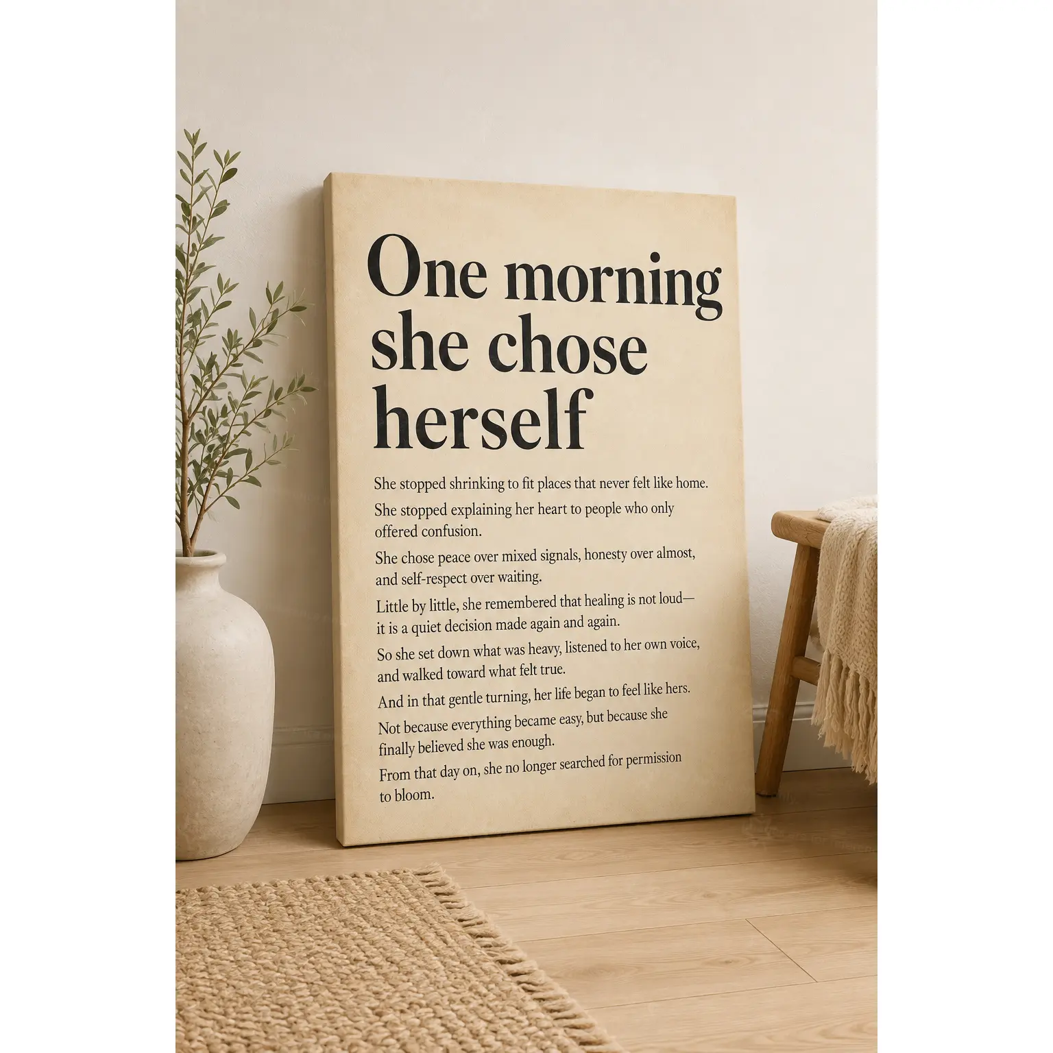 "1 Morning She Chose Herself" Self-Love Quote Scratch-Proof Canvas Wall Art Print - Beige Black Women's Empowerment Typography Wall Decor, Minimalist Bedroom Office Decor, Personal Growth Healing Self-Respect Gift Ideas Poster Artwork, Typography Art