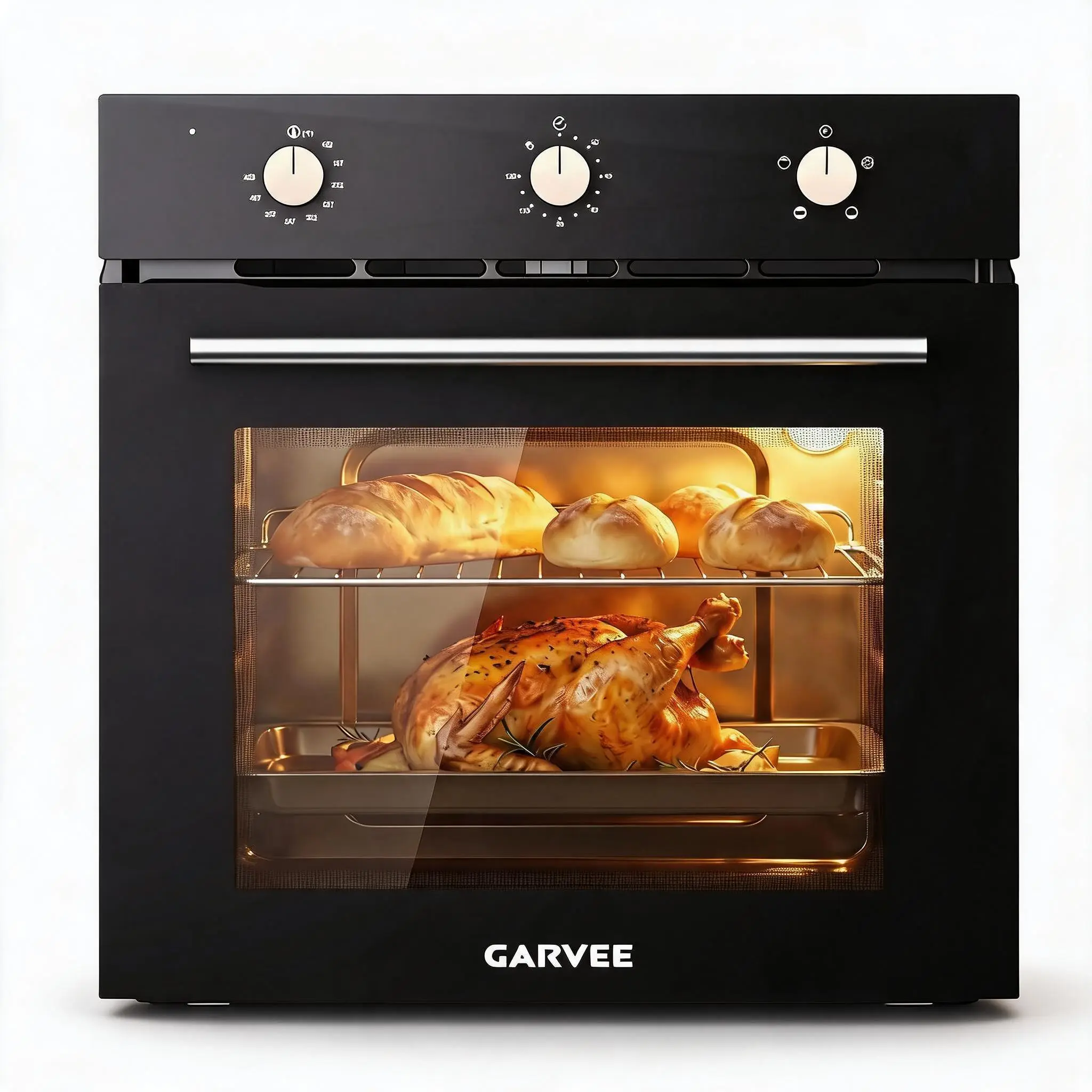 Garvee 24 Inch Built-In Electric Single Wall Oven, 2.5 Cu.ft Black Oven with 8 Cooking Modes, 500°F Detector Probe, Mechanical Knob, Timer, Safety Lock, Easy-Clean Interior for Home Baking