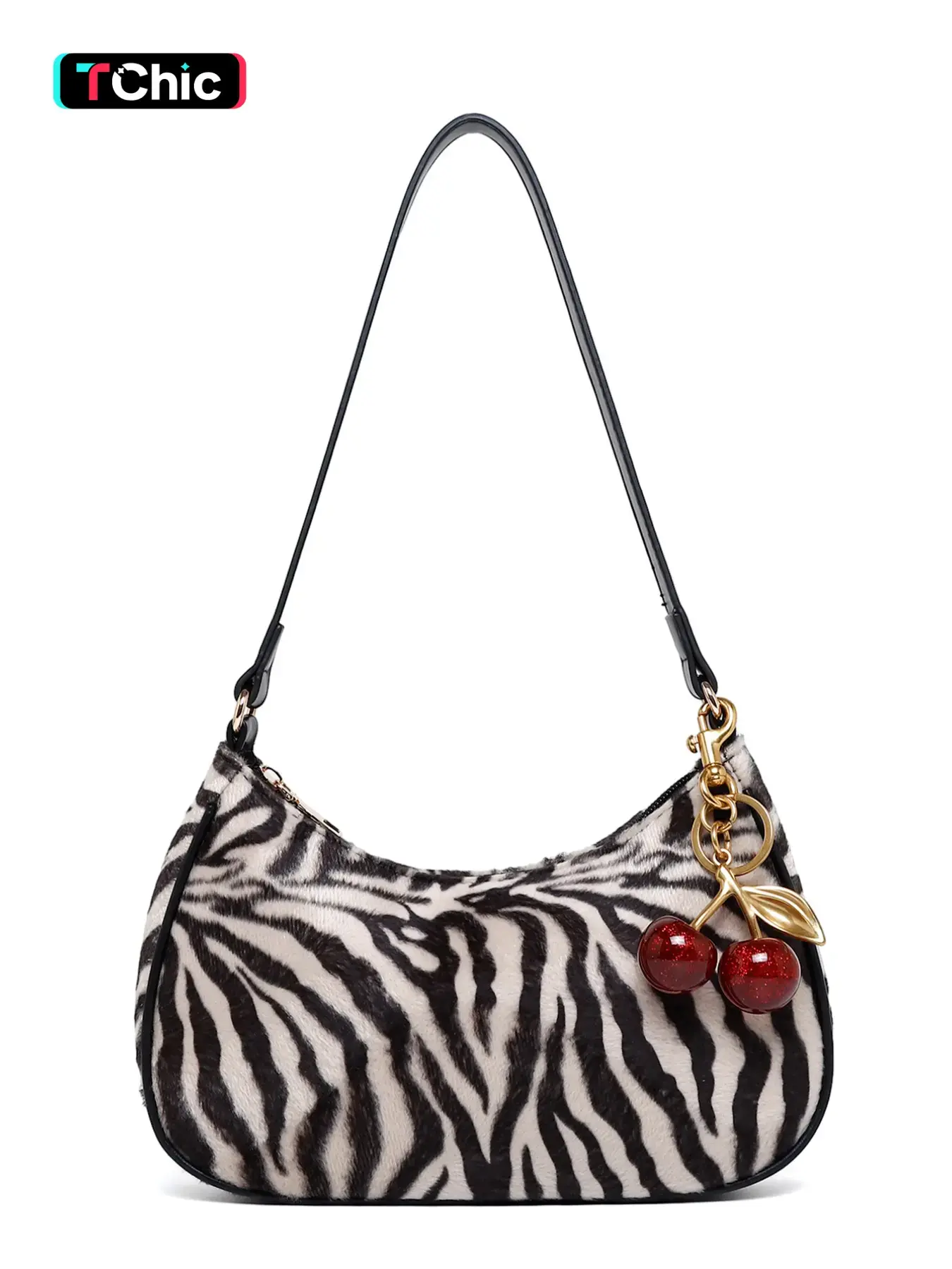 Y2K Style Zebra Print Faux Fur Crossbody Shoulder Bag, Retro Cherry Metal Charm, Casual PU Leather Design for Daily Commute, Casual Commuter Bag
