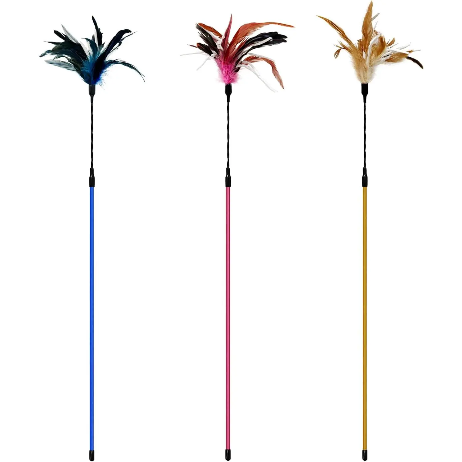 TTcat 3 PCS 22.8" Extra Long Cat Wand Toys Natural Feather Teaser Stick Toys,Interactive Toys for Indoor Cat and Kitten.