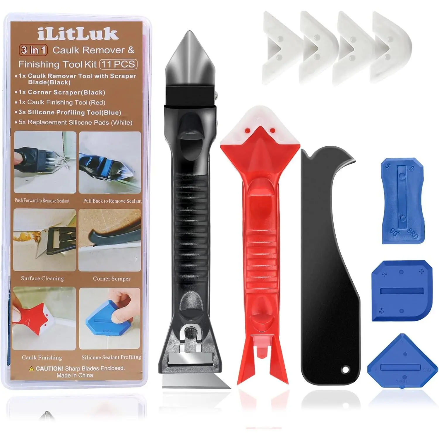 Caulk  Kit Caulking Spatula Stainless Steel  Grout Remover Angle Scraper Trowel with Sealant Finishing Tools   with Storage Box for Window Siding Sink Joint