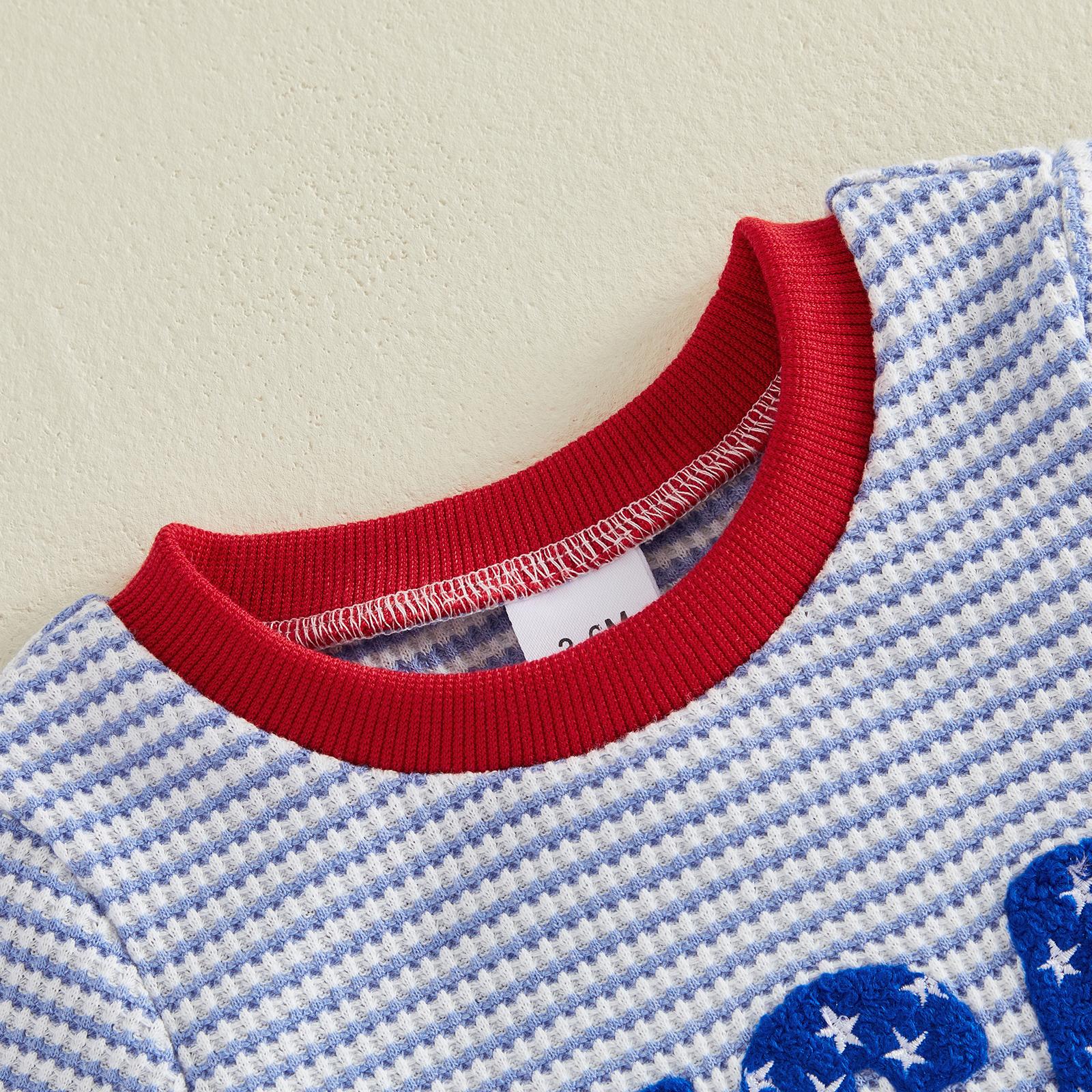 Babamoon Kids Toddler Baby Boys 4th of July Outfits Sets Waffle Short Sleeve Letter USA Embroidery Romper/Tops T shirt Striped Shorts Independence Day Clothes Set