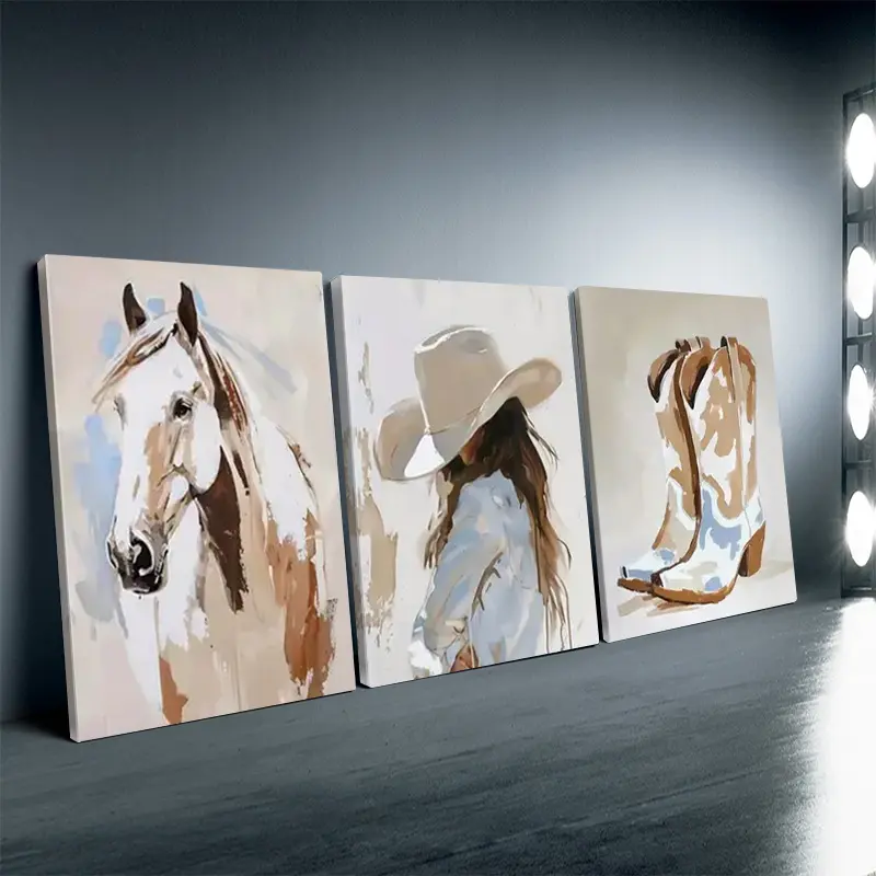 3-piece set of wooden framed canvas paintings, western art style featuring horses and cowboy girls, watercolor cowboy theme, suitable for home wall decoration