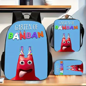 Banban Garden Three-Piece Backpack Set features a backpack with sharp-cornered monster character print and padded shoulder straps, paired with a detachable handbag and pencil case, suitable for commuting and leisure activities