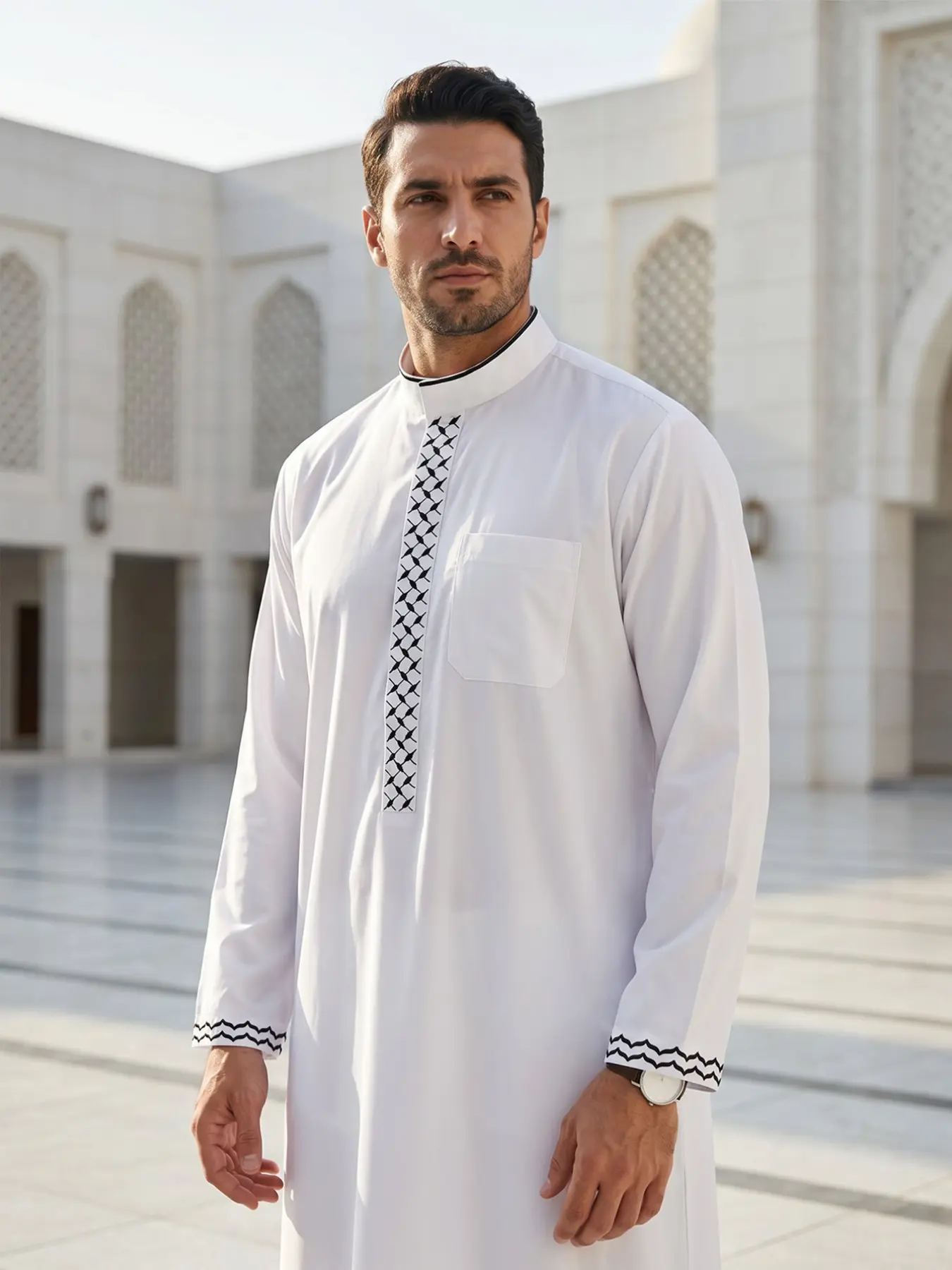Islamic Traditional Men's Stand Collar Long Robe with Embroidery, Classic Daily Wear, Eid Festival Gift, Islamic Thobe, Muslim Thobe, Collared Style Thobe, For Muslim Clothing