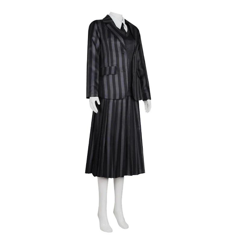 The Addams Family Wednesday Cosplay Costume Girl School Black Uniforms Suit Dress Woman Halloween Party Clothes Wig