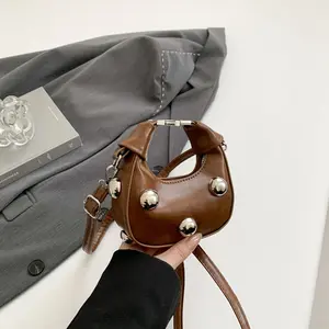 Women's Lightweight Crescent Handbag, Minimalist Plain PU Leather Shoulder Bag with Rivet Detail for Daily Use