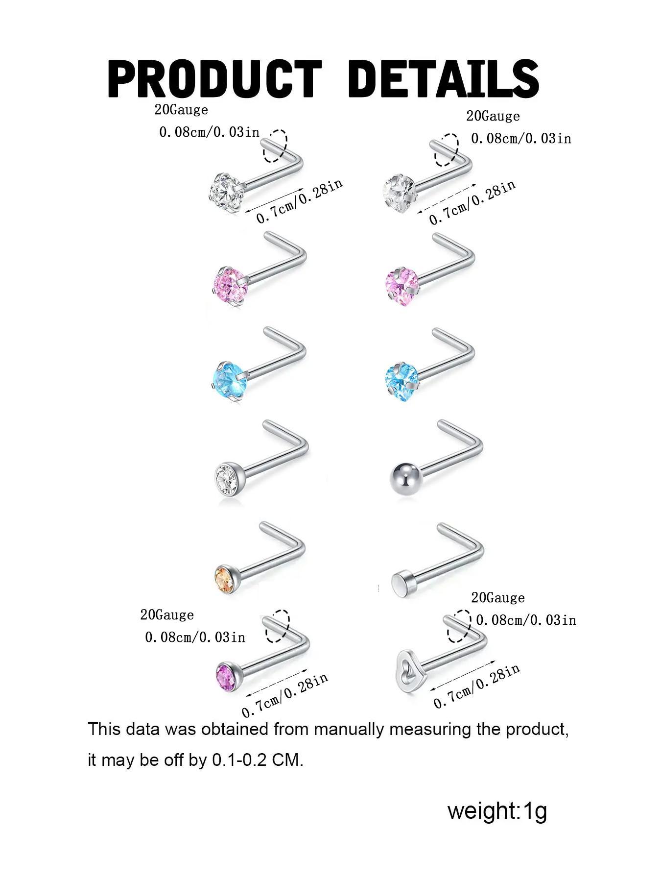 12pcs/set Rhinestone Decor Nose Studs, Stainless Steel Nose Rings, Fashion Body Jewelry for Women & Men