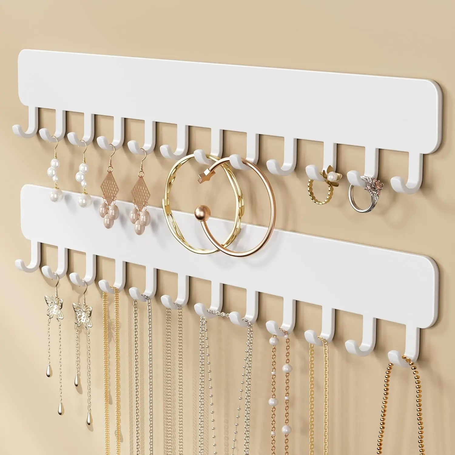 Wall-Mounted  Organizer, Self-Adhesive  Holder with Hooks for Necklaces, Bracelets, Earrings - Display Storage for Women, 2 count,White
