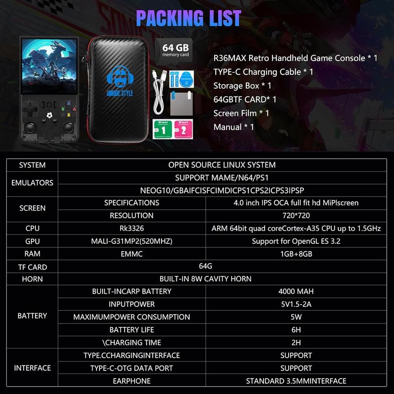 R36max Retro Handheld Game Console with 22000+ Classic Games, Portable Open Source Linux System, 4.0 Inch 4K HD IPS Screen, Handheld Gaming Console