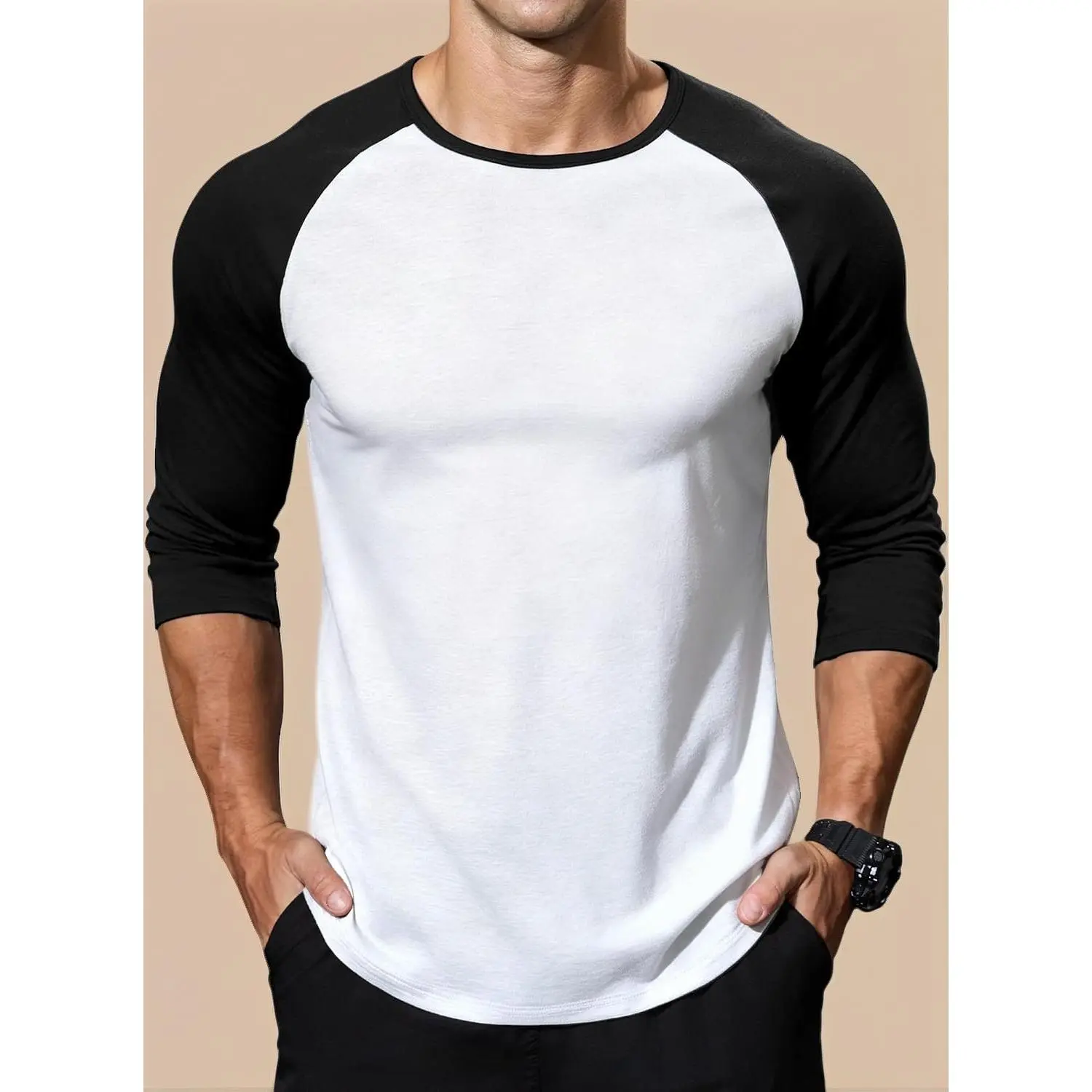 Men 3/4 Sleeve Raglan Baseball Tee Crew Neck High Stretch Moisture Wicking Athletic Shirts for Gym Workout & Daily Wear