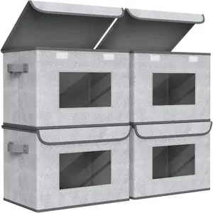 Fabric Foldable Storage Boxes [4-Pack] Large Collapsible Stackable Storage Bins with Lids, Closet Organizers and Storage Cube Basket for Home, Office, Bedroom (Gray, 17" x 12" x 12")