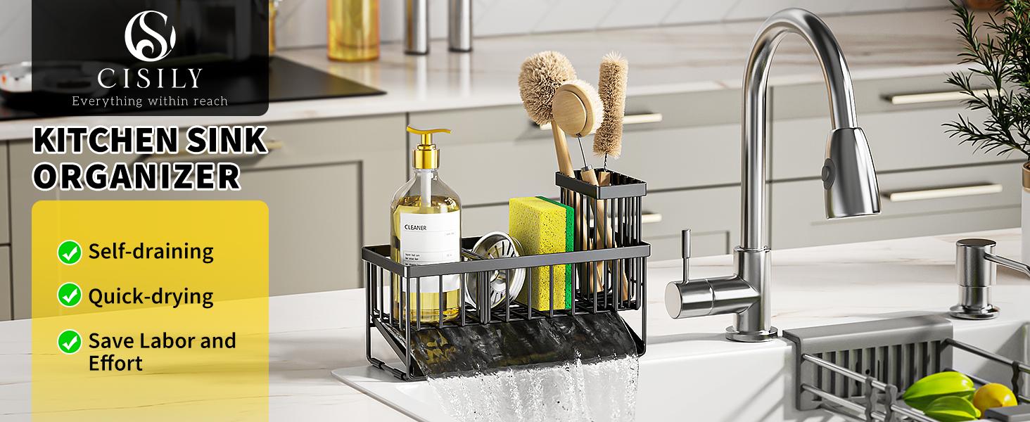 Sink Caddy Sponge Holder for Kitchen with Brush Holder and Stainless Steel Self Drain Tray, Rustproof Kitchen Sink Organizer for Sponge, Soap Dispenser Storage Accessories