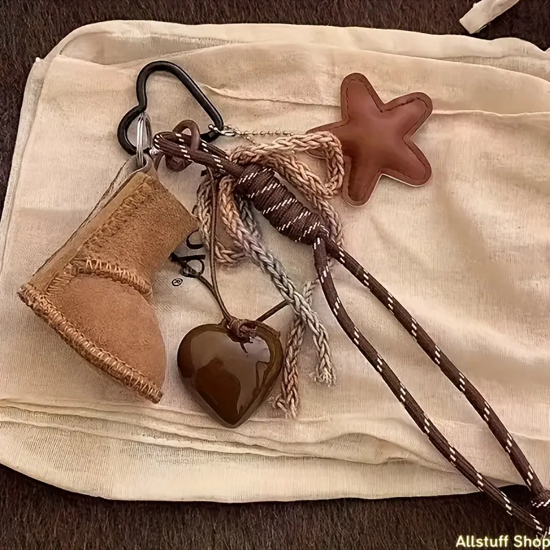 1pc Mini Boot Charm Keychain & Bag Decoration with Carabiner Hook, Heart&Star Design, Cord Weave Brown Hand-Woven Cord, DIY Bag Accessory for Back to School, Bag Charms, Corded