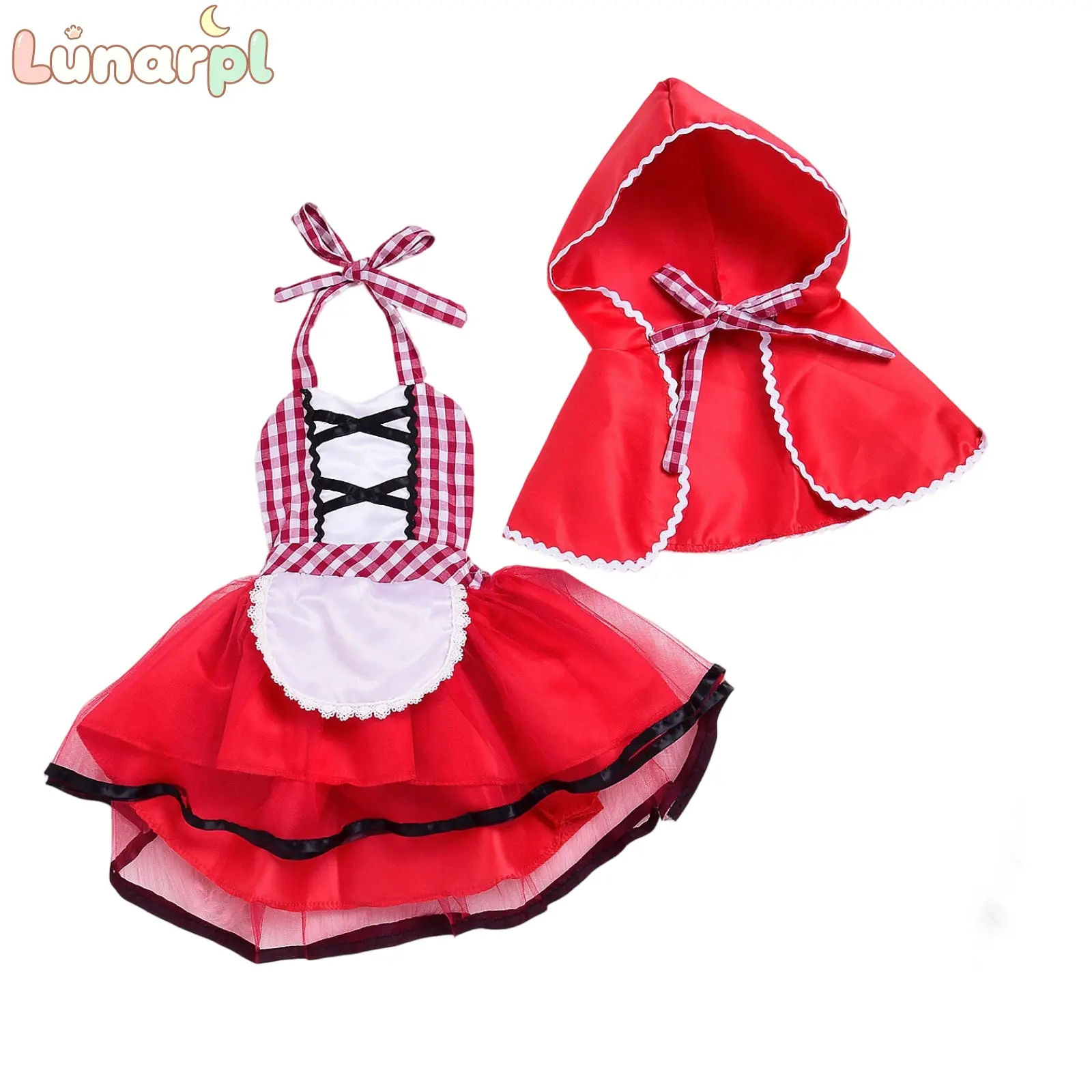 Toddler Baby Girl's Little Red Riding Hood Costume Set - Hooded Cape, Halter Tutu Dress, Apron for Storybook Character Cosplay Parties