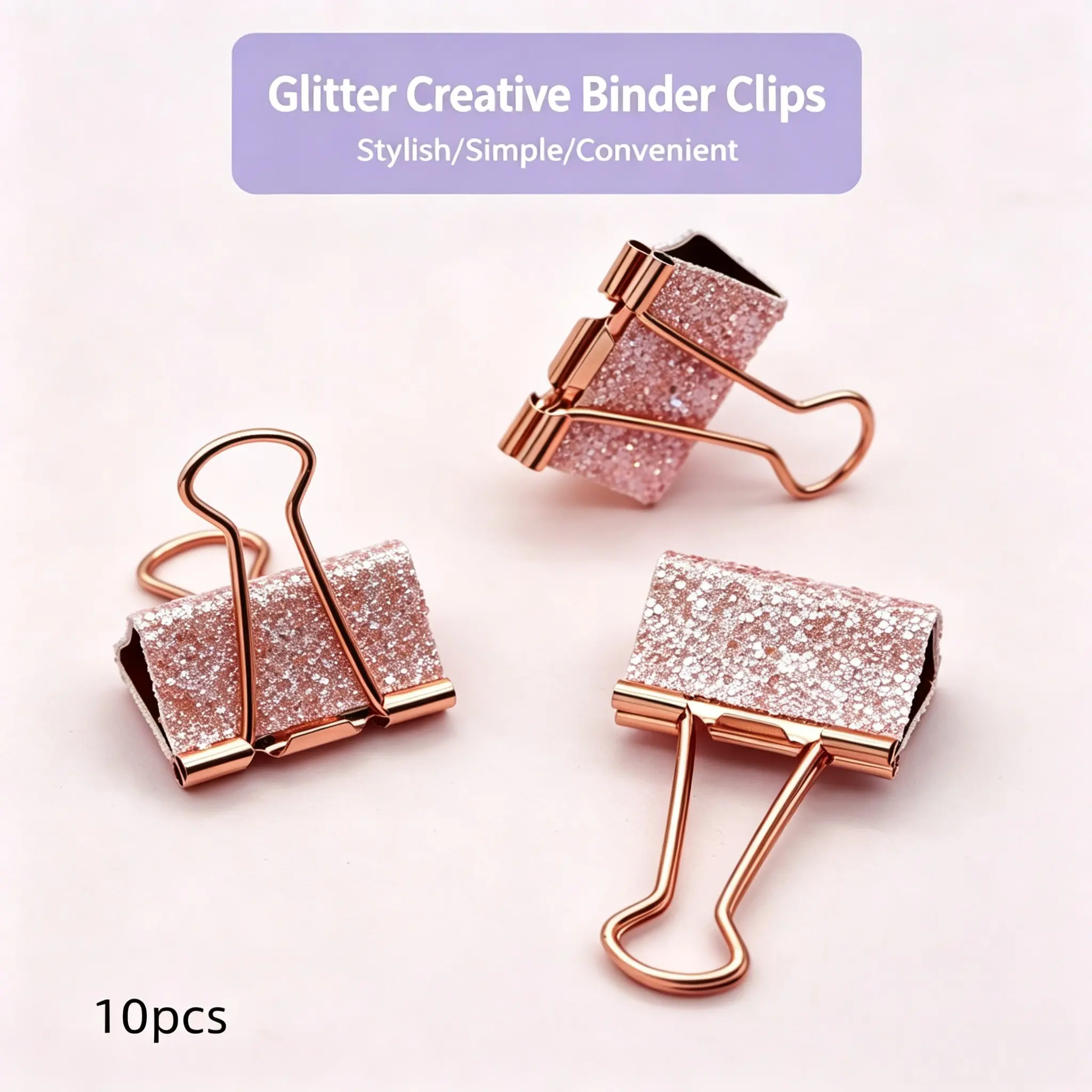 10-Pack Glitter Binder Clips, Rose Gold Metal Paper Clips, Durable Heavy-Duty File Holders, Office School Home Organization Supplies