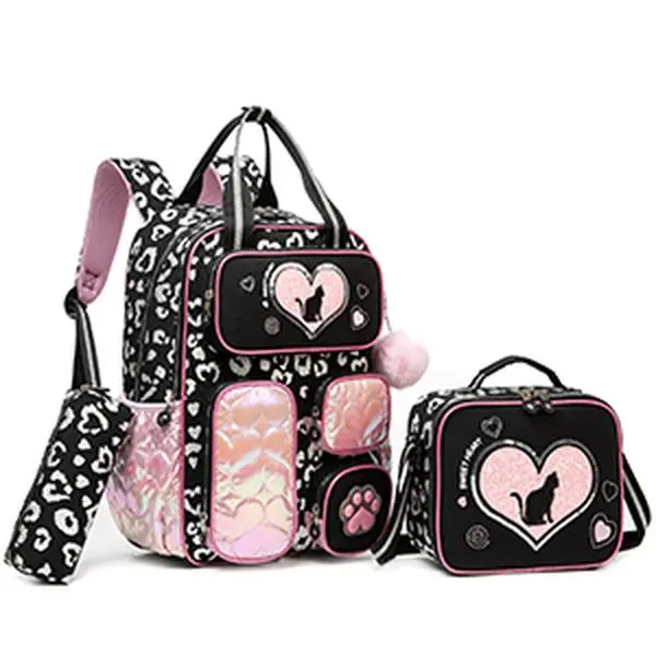 Cat Backpack 3pcs Set for Girls | Heart Leopard Print School Bag with Lunch Box & Pencil Case | Cute Kitten Paw Y2K Pink Holographic Kids Bookbag 2026